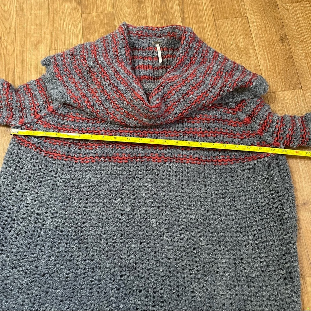Free People Wool, Linen, Mohair Blend Gray and Red Cowl Neck Chunky Sweater - Picture 7 of 10